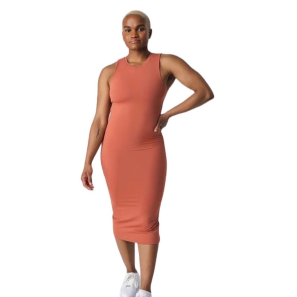 ✅ Vitality Balance Athletica Sunstone Pink Ivy Sleeveless Bodycon Midi Dress L